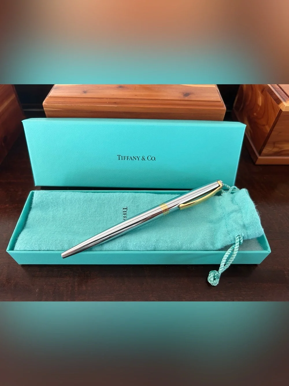 Tiffany & Co. Silver Ruthenium ballpoint pen with gold T clip and band